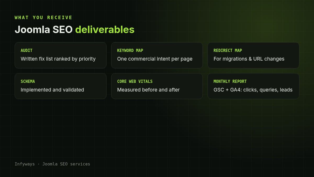 Joomla SEO deliverables: prioritised audit, keyword map, redirect map, validated schema, Core Web Vitals before and after, monthly Search Console and GA4 report