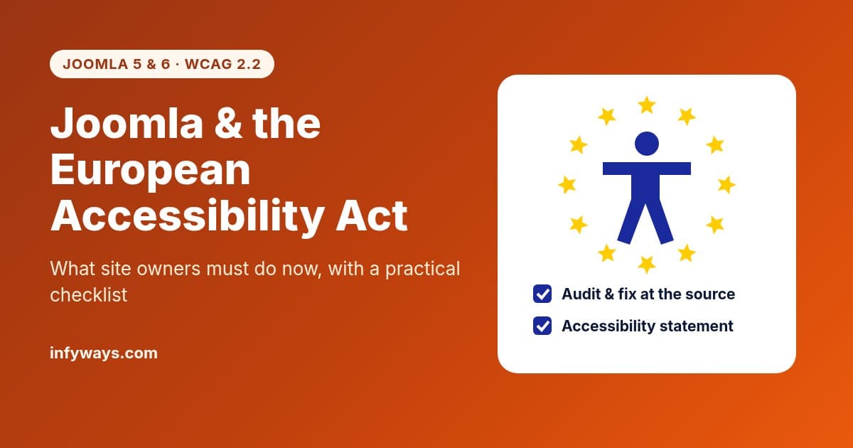 Joomla and the European Accessibility Act: WCAG 2.2 guide with accessibility icon and checklist