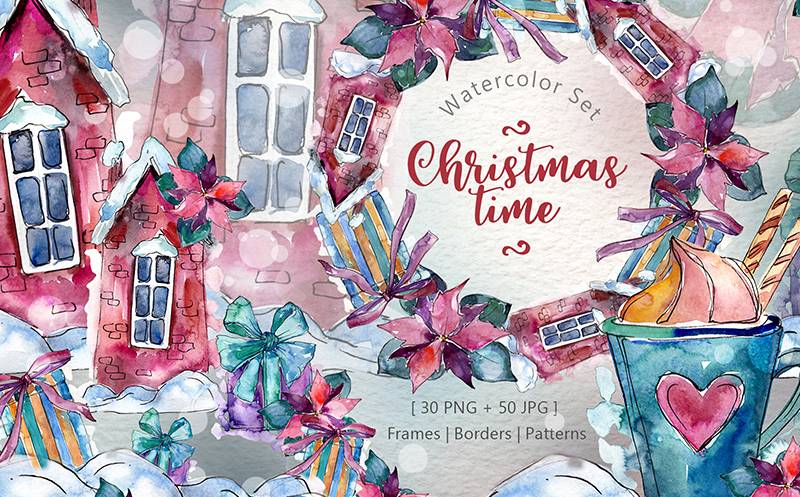 Christmas Time PNG Watercolor Set Illustration